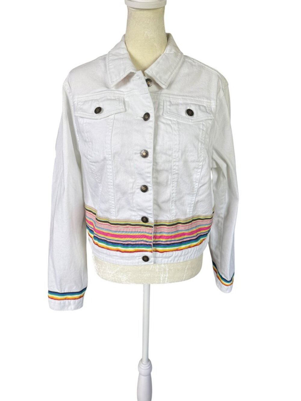 Ca.sual women's stretch white collared long sleeve button down jean jacket M